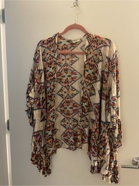 Boho Aztec Geometric Open Front Kimono Wrap - Multicolor